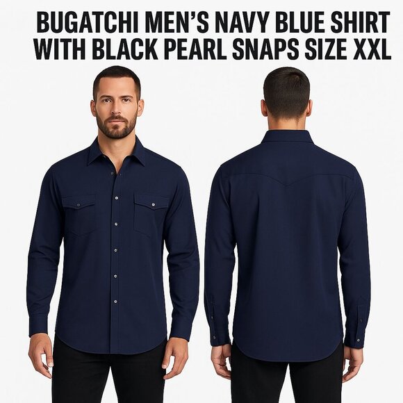 Bugatchi 8-Way Stretch Pearl Snap Shirt Navy XXL - Picture 1 of 11